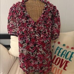INC International Concepts Kissing Lips Pink and Black Ruffle Blouse Love